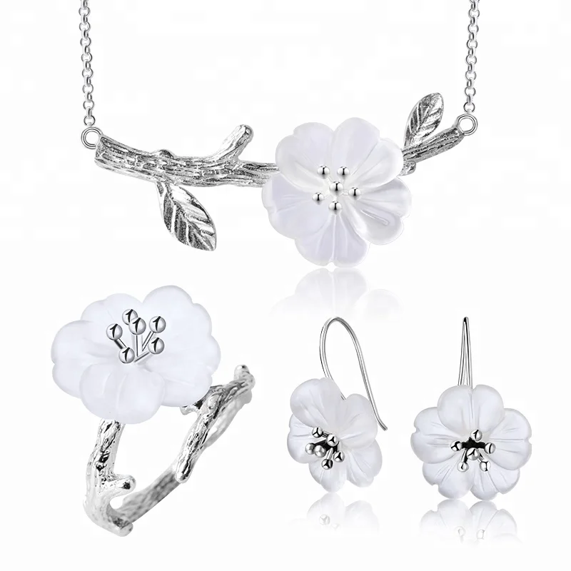 

Lotus Fun 925 Sterling Sliver Charms Necklace Crystal Stone Flower in the Rain Design Jewelry Sets Rings Earrings For Women