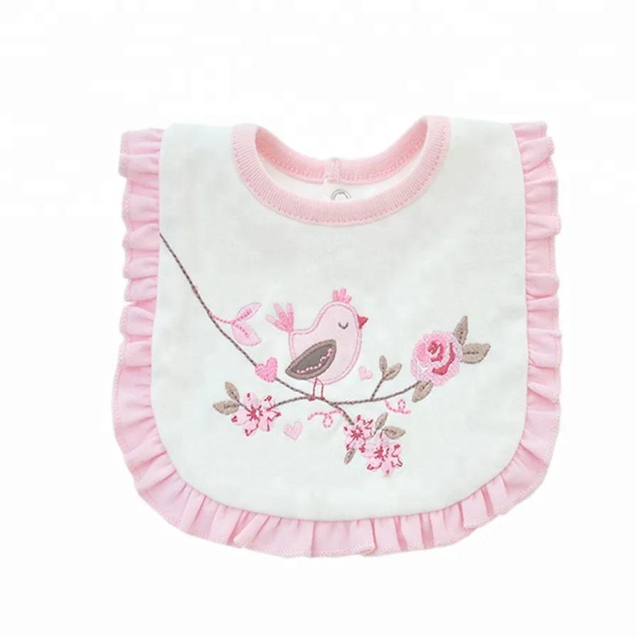 Pink color double layer 95% cotton embroidery cute washable baby bib with lace