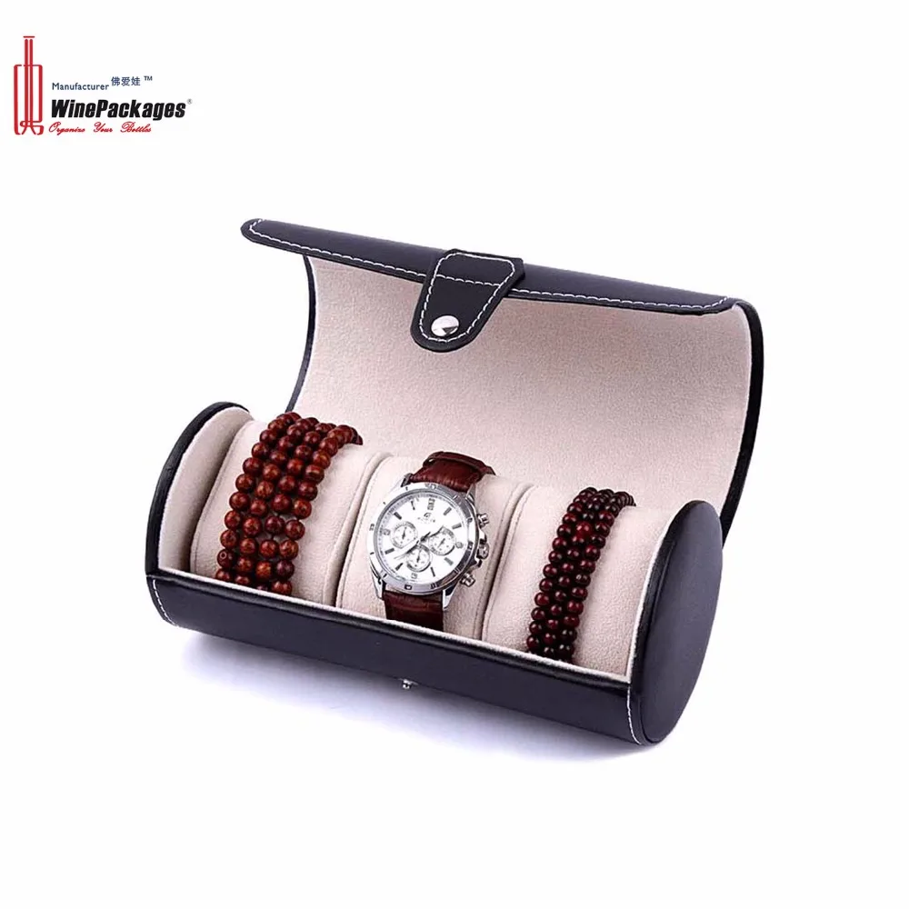 Elegant leather manual watch box for three watches