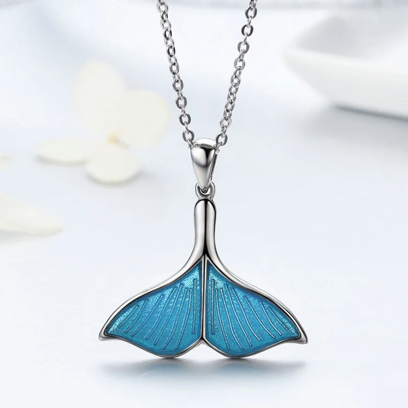 

925 Sterling Silver Ocean Sea Blue Enamel Fish Tail Pendant Necklaces