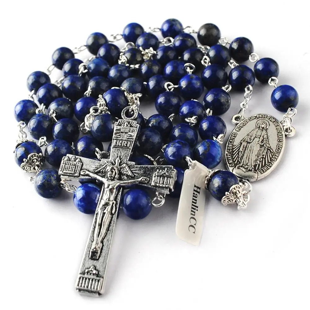 

8mm Lapis Lazuli Natural Gemstone Beads Catholic Rosary with Caps on Our Father Beads with Anti-Silver Maria Medal and Crucifix