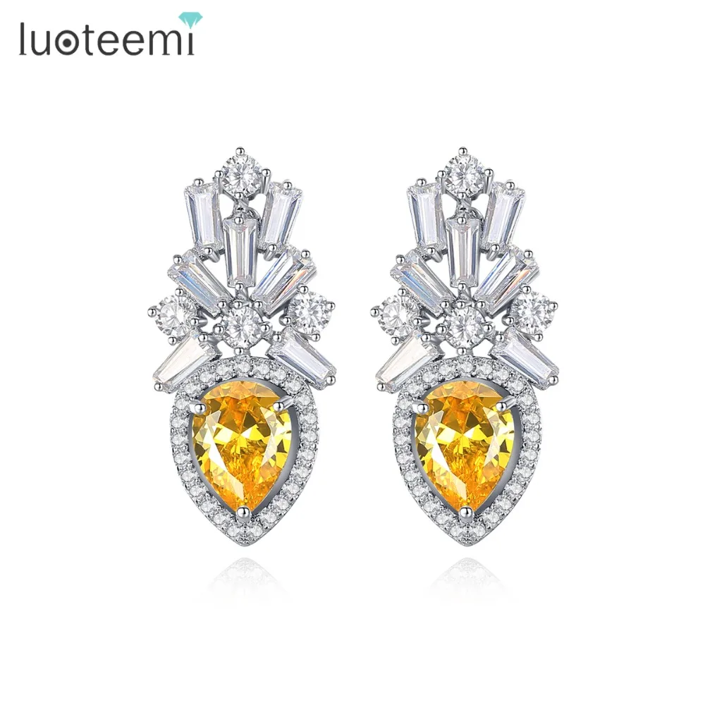 

LUOTEEMI Fashion White Gold Color Ladder Zircon Vintage Crown With Yellow Waterdrop CZ Stud Earrings For Women Earring Jewelry