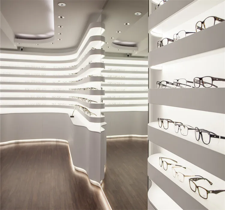 white wooden optical sunglasses store display furniture for sale