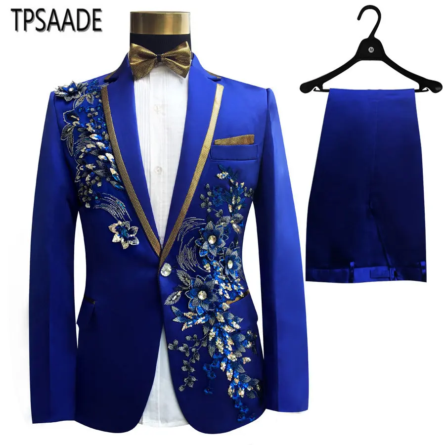 

Three Pieces Set Suits Men's Singers Perform Stage Show Sequins Embroidered Flower Red Blue Pink Wedding Suit Costume Homme, White black