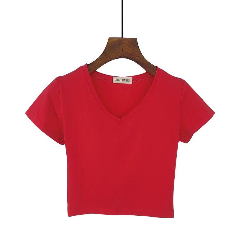 

Wholesale women short t shirt high quality plain v neck sexy crop top ladies