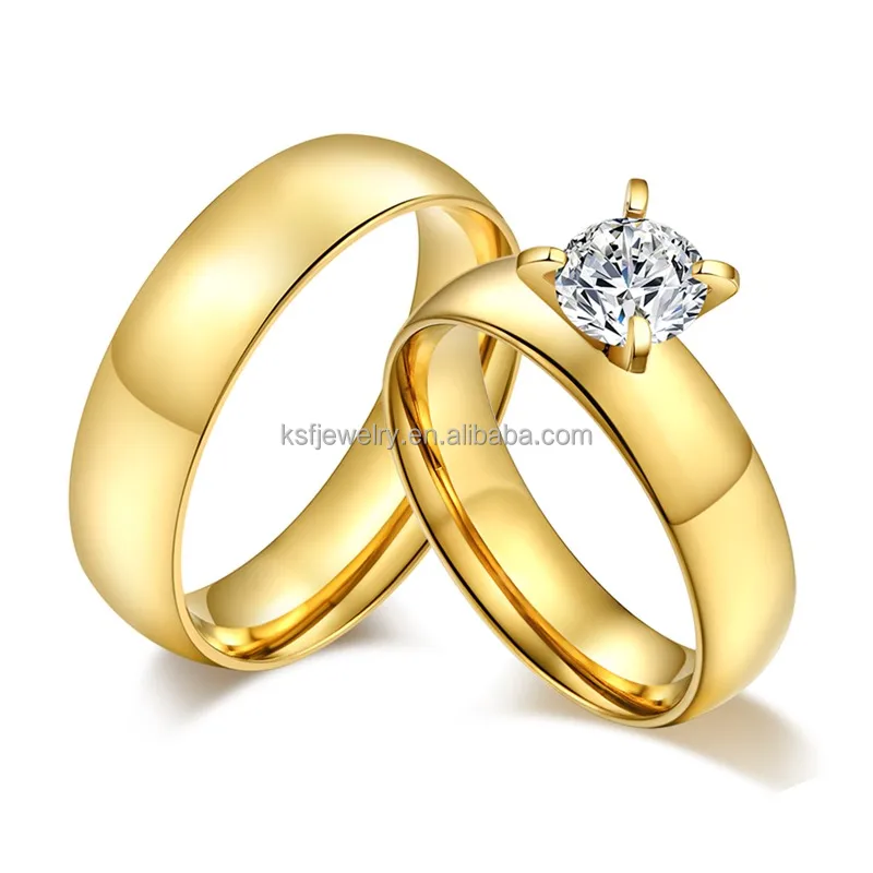 Newest 6mm Gold Wedding Rings Prong Setting Zircon Stainless Steel Couple Ring Wholesale 2019