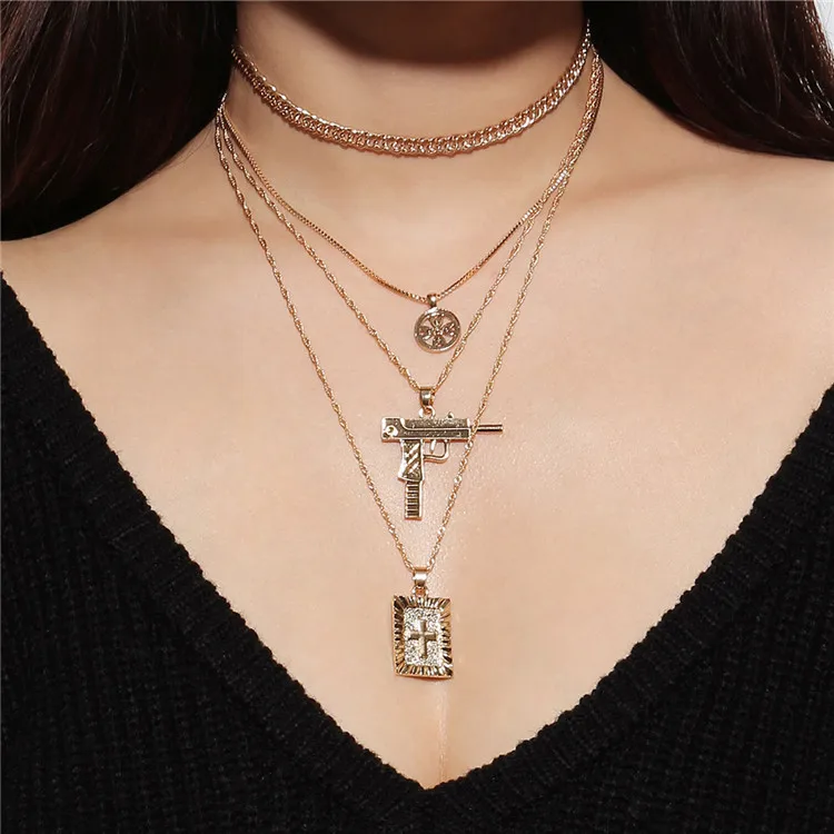

Wholesale Women Custom Fashion Necklaces Jewelry Exaggerated Charm Cross Gun Long Chain Multi Layered Gold Necklace, As show
