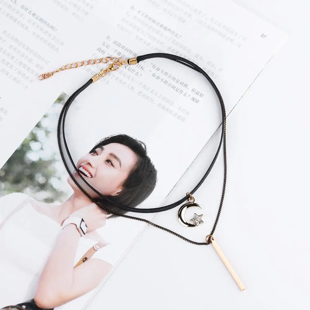 Latest Design Trendy Jewelry Wedding 2 Layers Black Lace Leather Chocker Necklace For Women