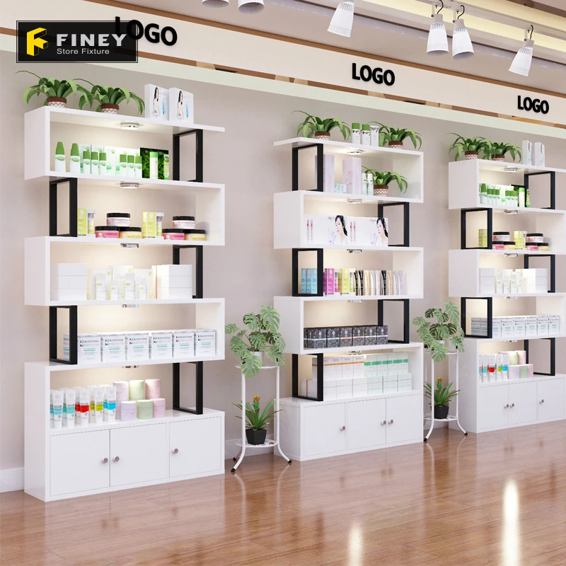 Customized Cosmetic Store Shelves Fixtures White With Led Light
