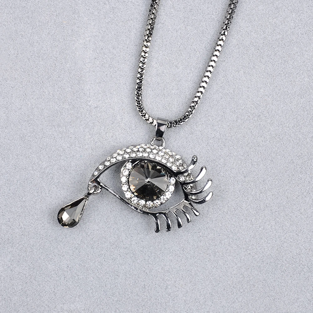2019 New Arrival Silver Plated Necklace Crystal Teardrop Eye Shaped Charm Women Long Chain Sweater Necklace