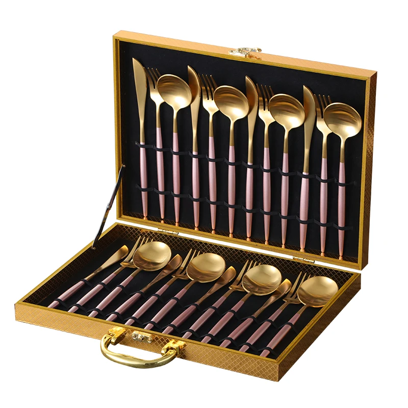 

24pcs matte gold plated cutlery set white/black/pink handle in wooden box, Rose gold/black/gold/silver
