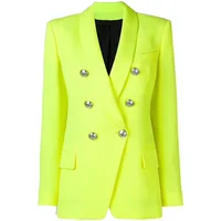 

Women Front Pockests double breasted Buttons Fluorescent yellow office fancy trench blazer jacket coat