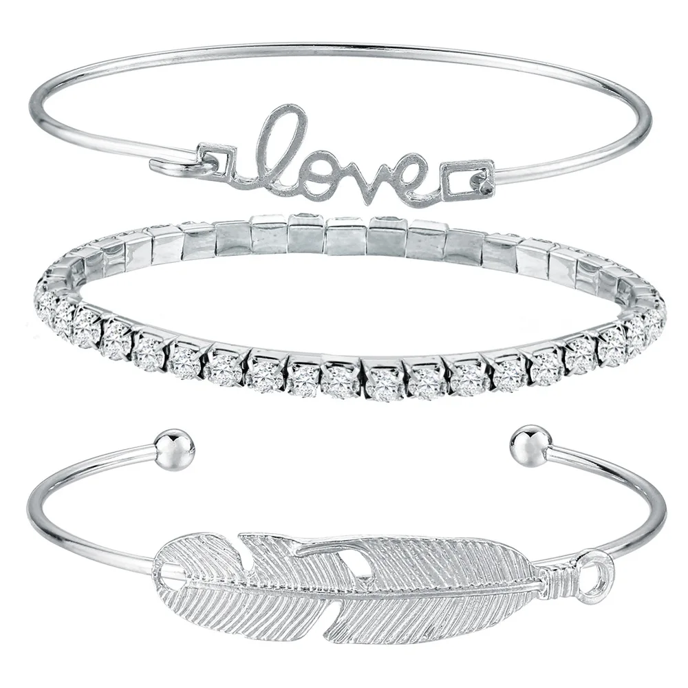 3 Pcs Simple Elegant Women Cuff Jewelry Set Crystal Tennis Bracelet Love Feather Bangle Bracelet