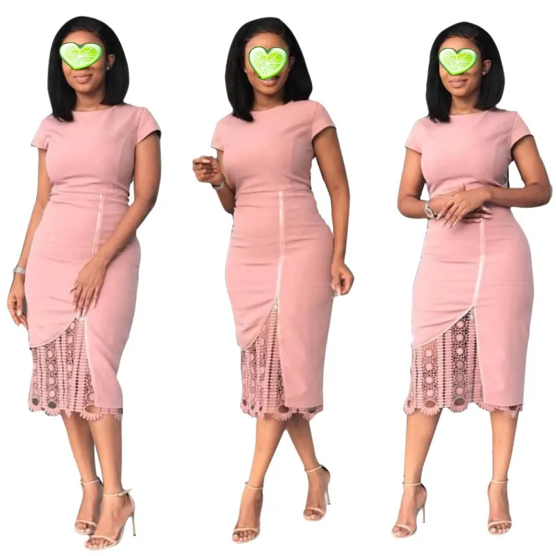 

YSMARKET Navy Blue Pink Bodycon Dress Elegant Office Lady OL O Neck Short Sleeve Zip Lace Patchwork Slim Summer Dress Midi