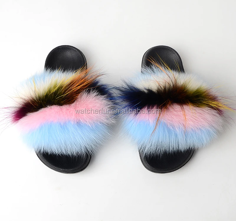 

Hot Selling Women Fox Fur Slippers / Sandals Silver Sole Fluffy Slippers/Soft Fluffy Fox Fur Slide Slippers For Women, Picture