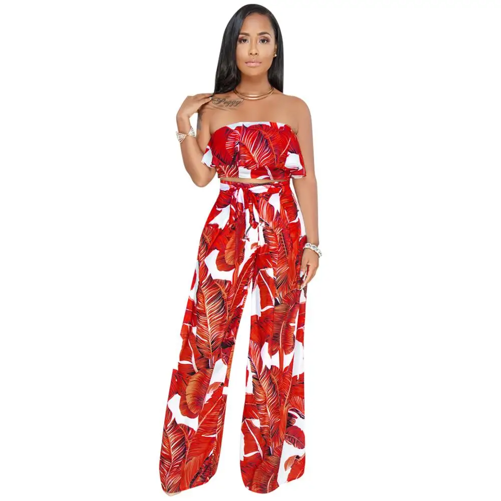 

2018 Women Sexy Two Piece Set Strapless Ruffles Crop Top And Wide Leg Pants Irregular printing summer suits
