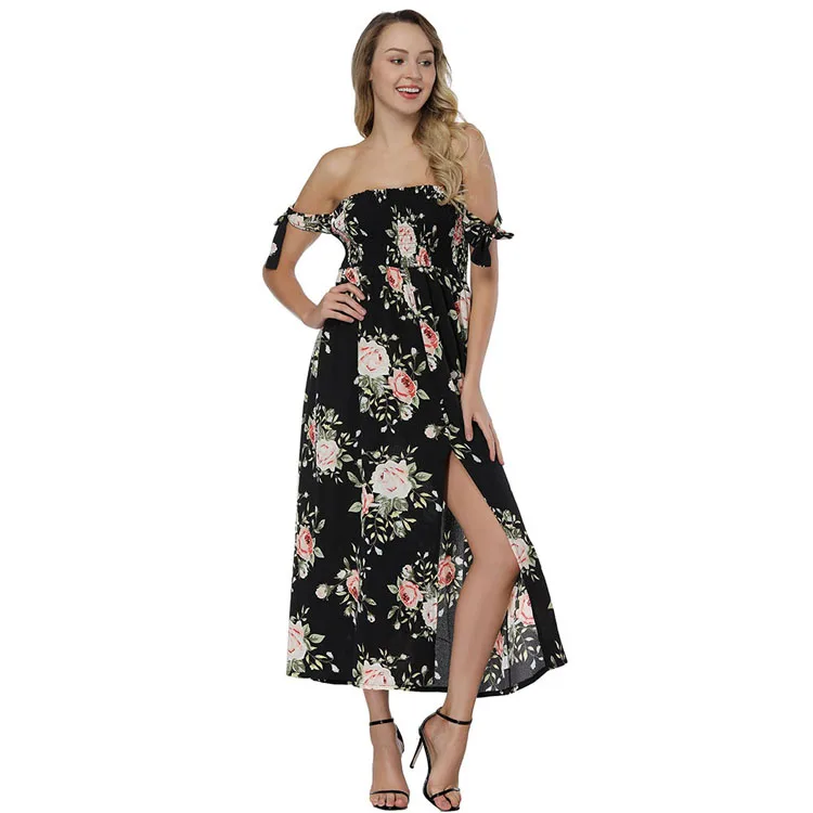 

Fashion Off Shoulder Asymmetric Split Long Custom Print Flora Women Latest Dresses, As shown latest dresses