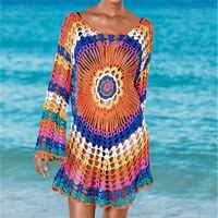 

Boho Colorful Paisley Knitted Dress Sexy Cover Up Beach See Through Long Sleeve Hollow Out Rainbow Crochet Mini Dress Y11043