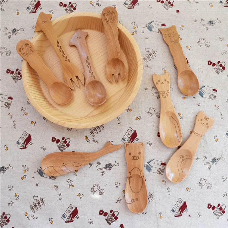 Creative cute cartoon pattern mini child spoon fork set wood kids spoons