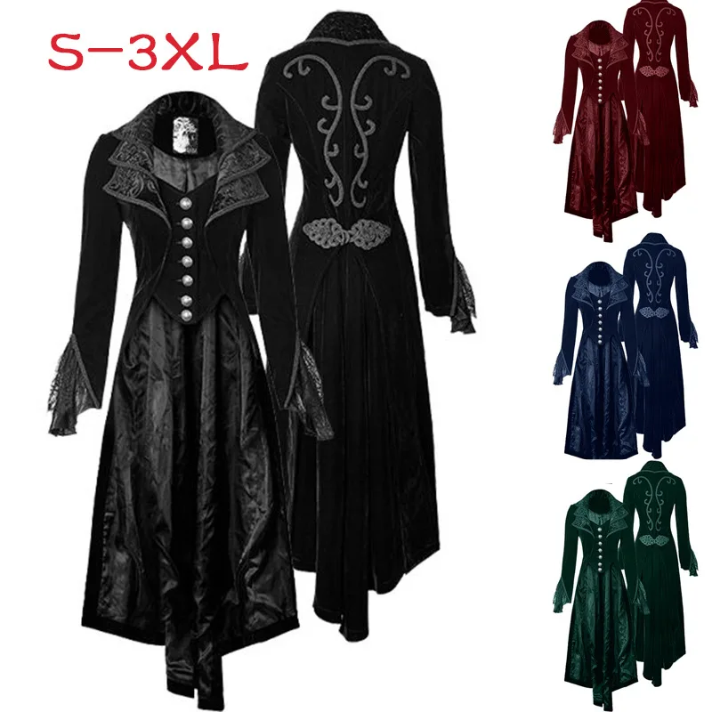 

Steampunk Women Fashion Gothic Long Velvet Coat Medieval Victorian Tailcoat Jacket Vintage Lapel Long Sleeve Medieval Coat, N/a