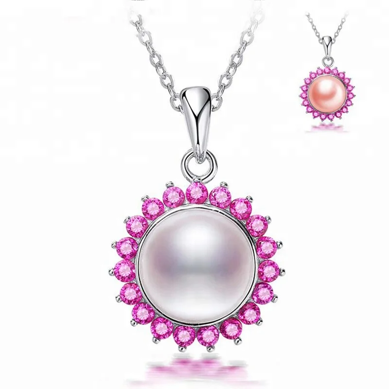 

100% 925 Sterling Silver Jewelry Red Corundum Crystal Natural Pearl Necklace Pendant