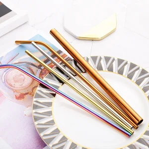 Image of Reusable Rose Gold Black Stainless Steel Metal Drinking Straw with brush Wholesale