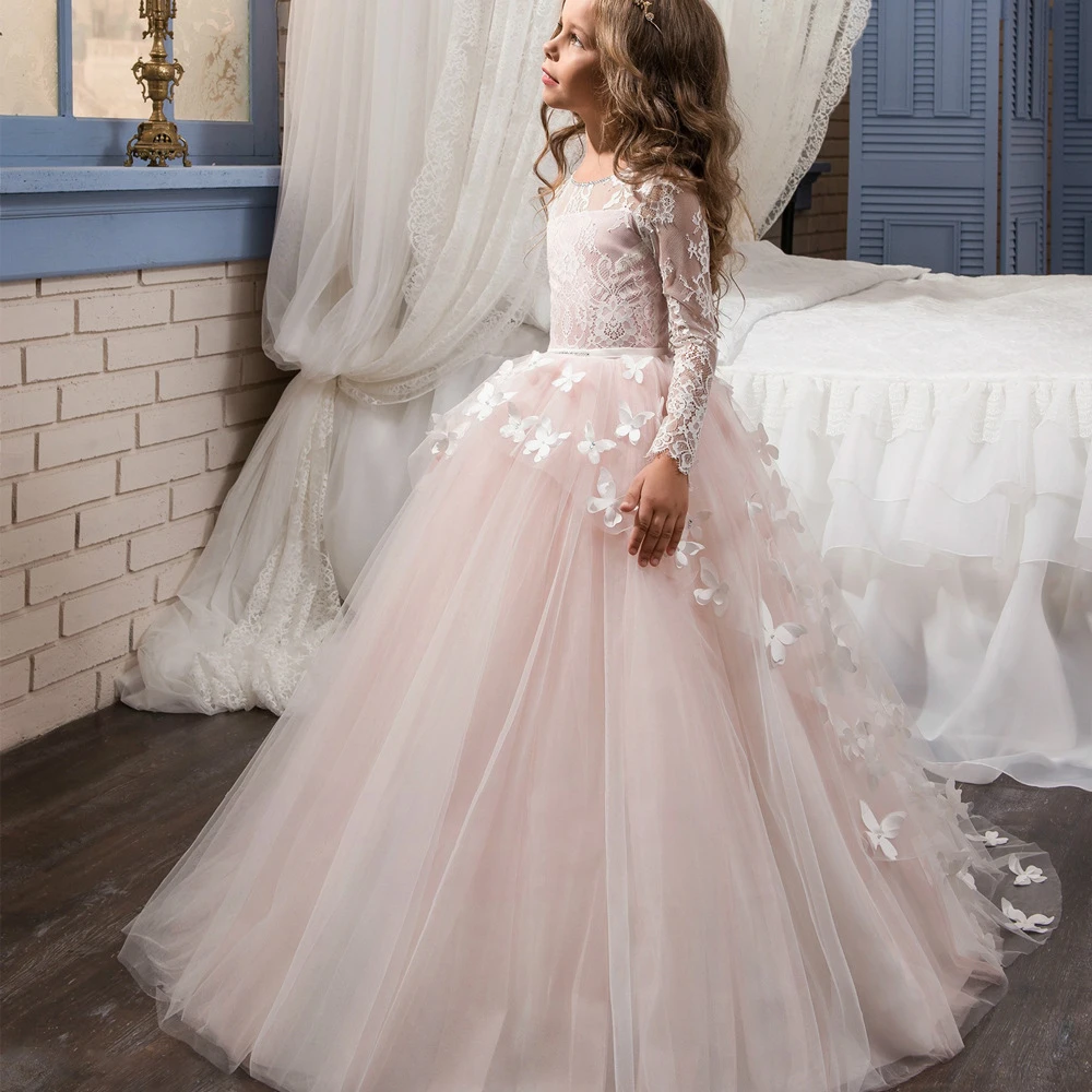 

Newest Style For Flower Girl Lace Appliques Long Sleeve Sweep Train WF036, Pink