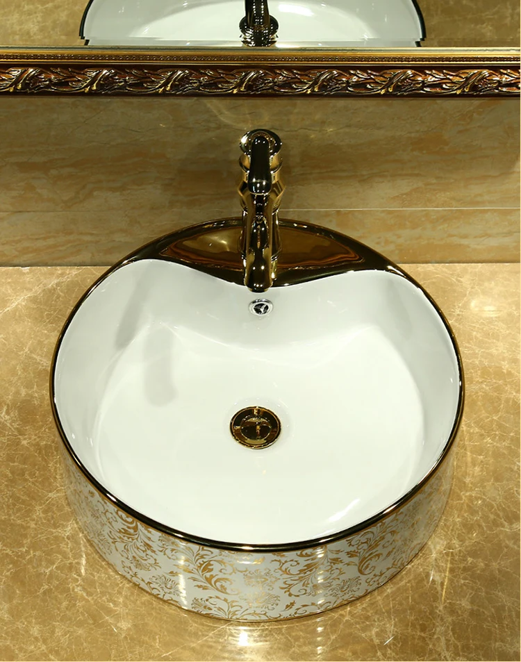 Sanitary Ware CounterTop Type Cabinet Sink Ceramic Flower Gold Wash Basin