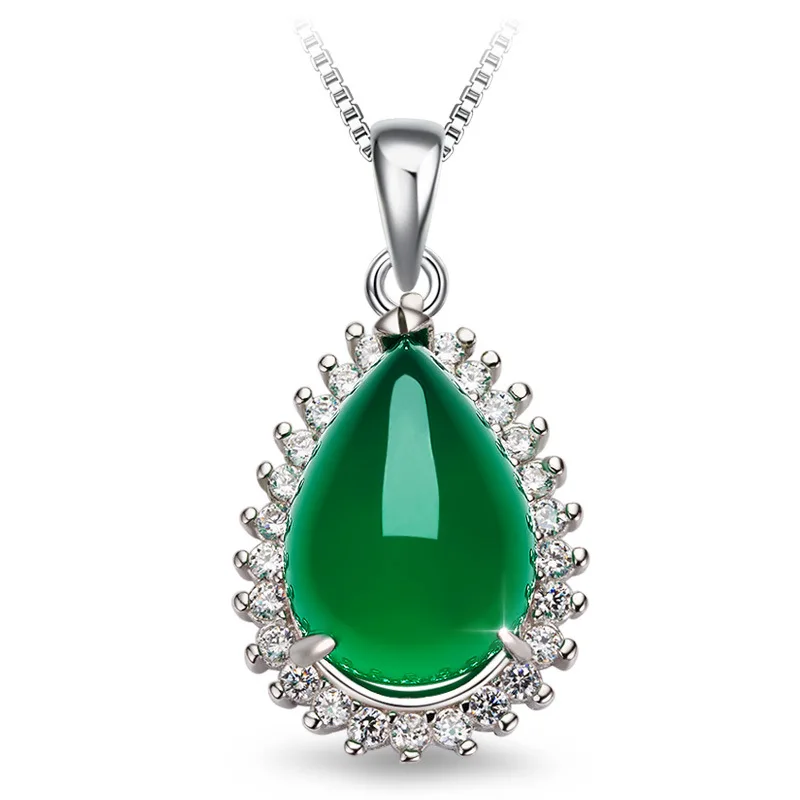 

925 Silver Color necklace Green Agate Pendant chalcedony pure pendant necklace jewelry pierscionki Emerald Gemstone pendants