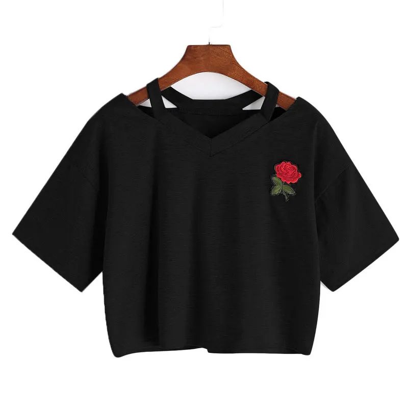 

Women Short Sleeve Crop Top Summer Sexy Tshirt Girl Rose Embroidery Hollow Out T shirt