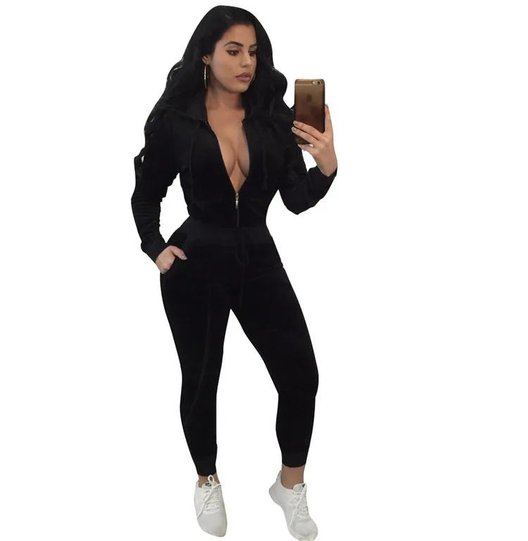 
Custom Logo Hign Quality Long Sleeve V-neck Velour Tracksuit For Women 