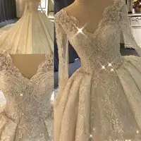 

ZH0962Q Luxurious 3D-Floral Appliques Beads Draped Wedding Dresses Vintage v-neck Long Sleeve Lace Puffy Ball Gowns 2019 new