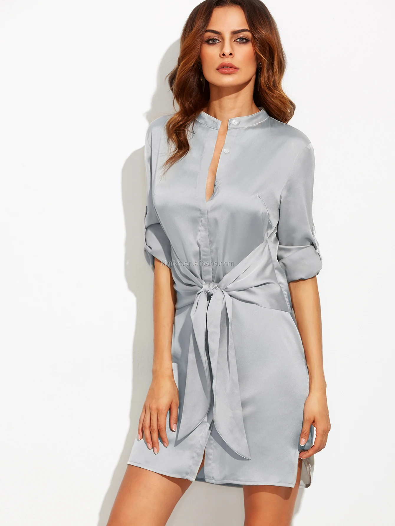 Women Silver Gray Satin Shirt Dress Button Up Long Sleeve Mini Dress ...
