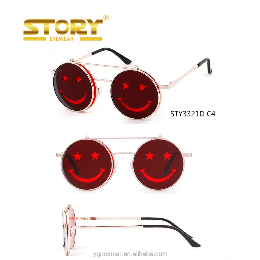 

STORY Flip Up Smiling Face Round Designer sun glasses brand Metal Frame Gothic retro Steampunk Sunglasses, Mirror;smoke;black;brown;blue;gold;pink