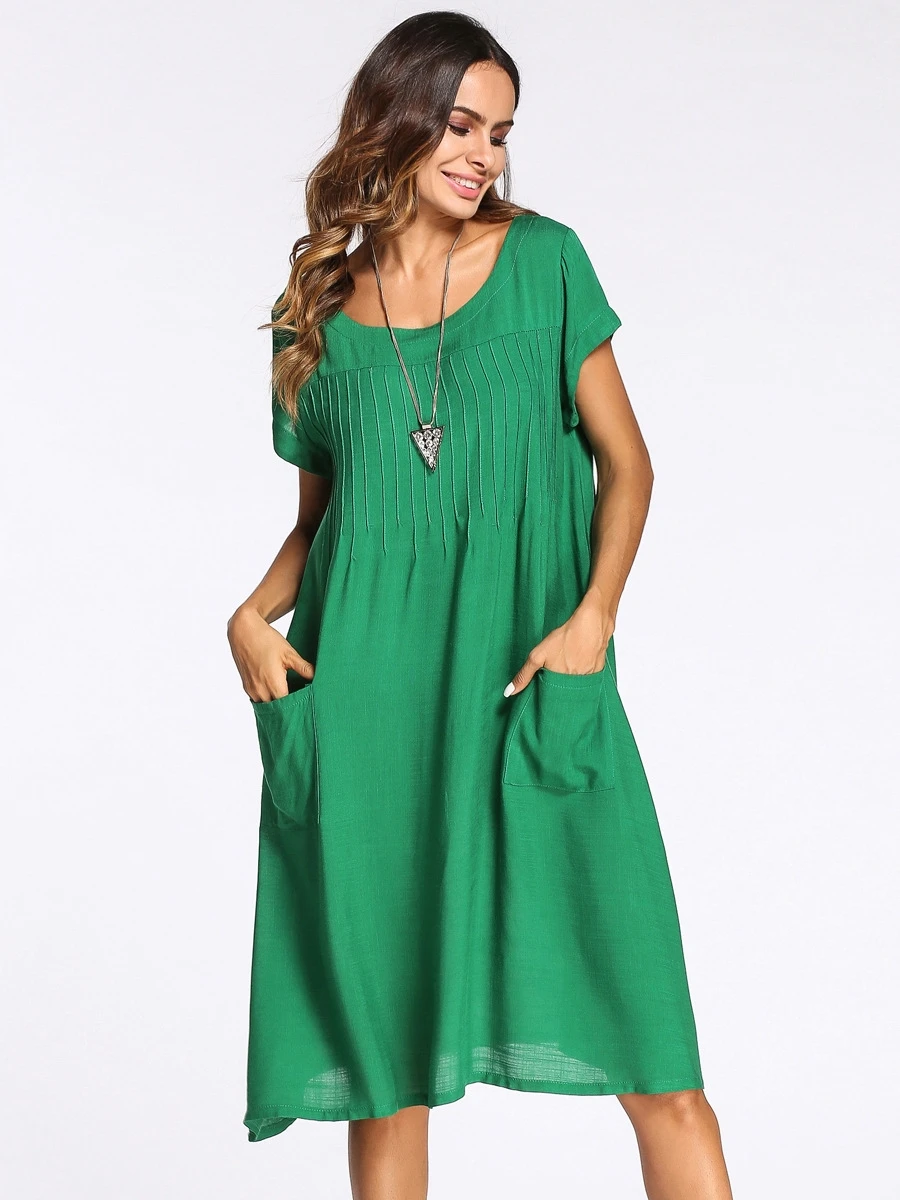 A3424 Women Linen Cotton Clothing Short Sleeve Casual Green Daily Wear ...
