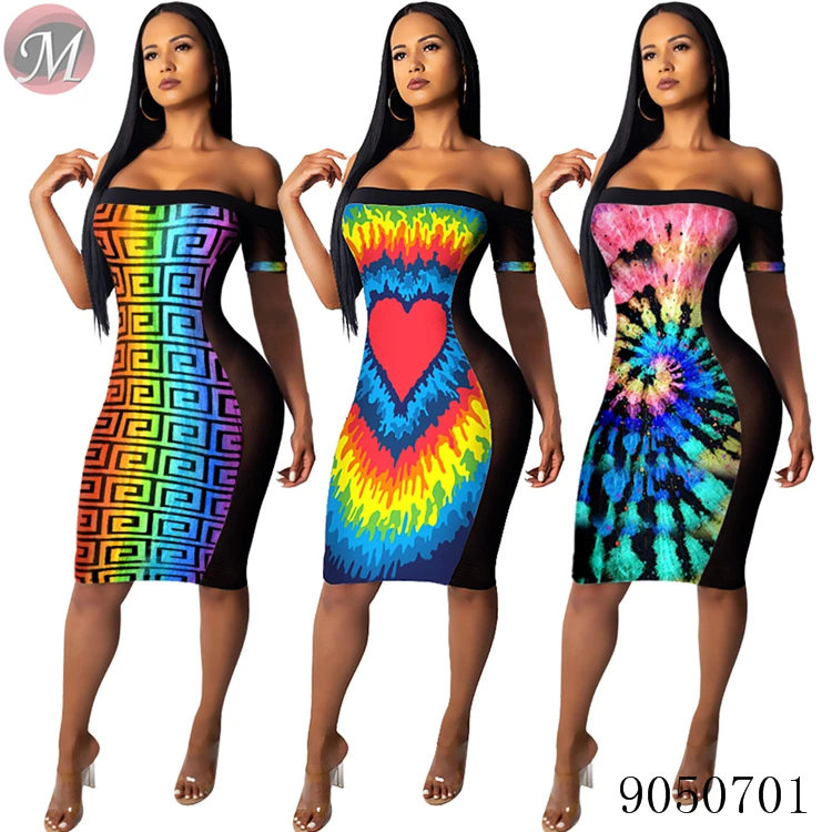 

9050701 queenmoen Women's rainbow tie-dyed printed mesh stitching sexy nightclub dress