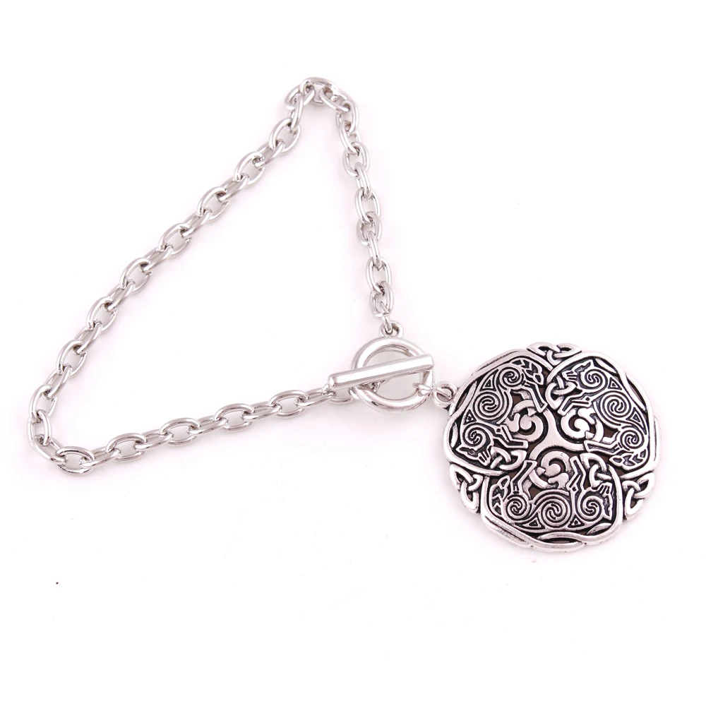 

B364 Trade Assurance Antique Silver Three Wolves Pendant Viking Rune Triskele Wolf Energy Amulet Cross Chain Bracelet, As picture