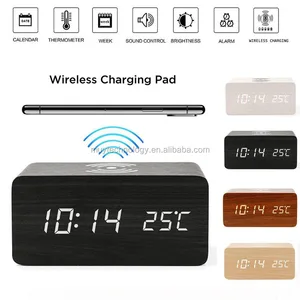 Image of Wooden Alarm Clock Indoor Room Desktop LED Display Digital Temperature Clock With Wireless Charger for Smartphone Mobile