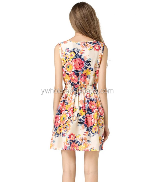 2016 New Limited Promotion Women Print Casual Dress Round Neck Sleeveless Floral Mini Dress 60388240807