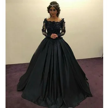 2018 Hot Long Sleeve Satin Ball Gown Luxury Black Muslim