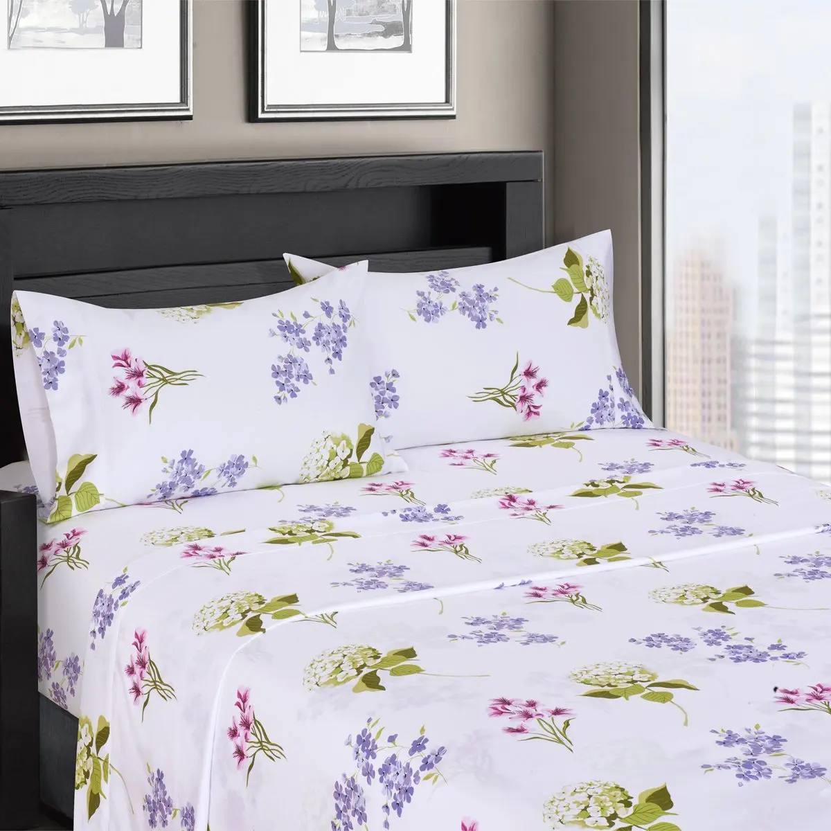 Blossom Floral Sateen Cotton Sheets, 4pc California-King Bed Sheet Set 100-Percent Cotton, Superior Sateen Weave, Silky Soft, Deep Pocket, Modern Reactive Print, 300 Thread Count