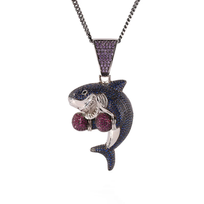 

Blues RTS hiphop Gold silver copper cubic zircon boxing shark pendant necklace