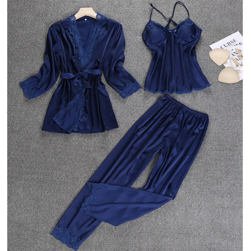 

YSMARKET Women Pijamas Satin Silky Pajama Set Sexy Lace Robe 3pcs Suit with Chest Pad Lingerie Long Pants Sleepwear Female E606