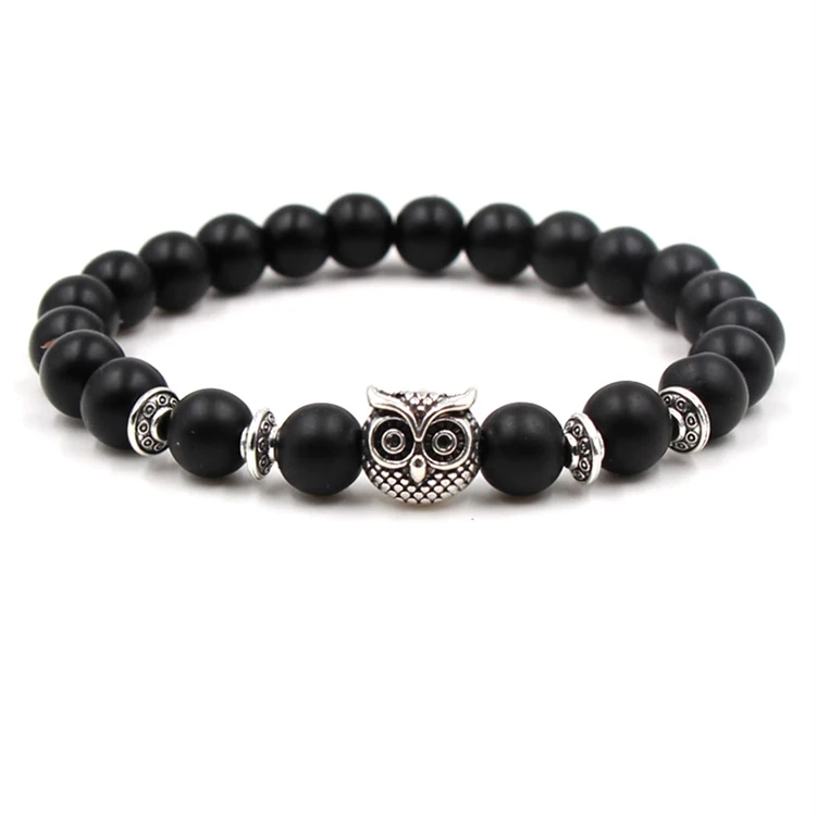 

8mm Silver Plated Animal Owl Head Bracelet Natural Matt Black Lava Rock Stone Energy Men Beaded Bracelets (KB8056), As picture