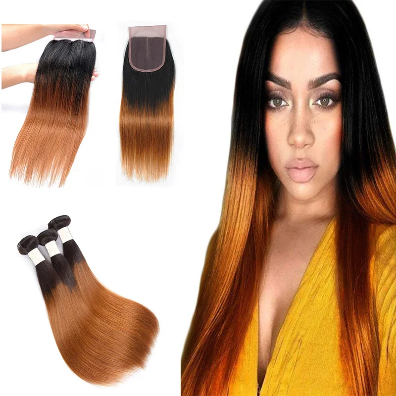 

Colored Brazilian Straight Hair Bundles Closure 1B/30# Ombre Color Human Hair Weave 3 Bundles with Closure, 1b/30# ombre colored virgin hair