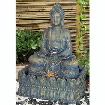 resin meditating buddha on column patio fountain with led light