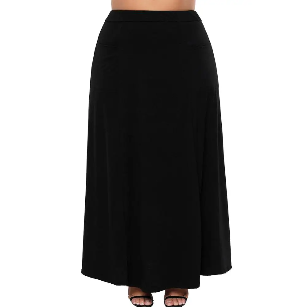 

Cheap Plus Size Women Clothing Black Long Elegant Maxi Jersey Skirt With Pockets