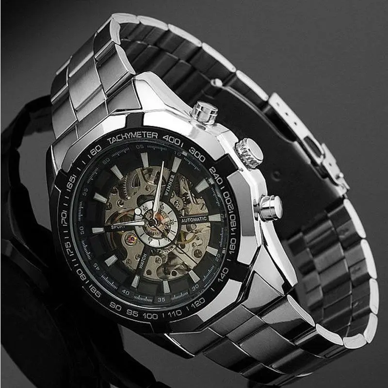 
WINNER 246 sale Fashion Winner Stainless Steel Skeleton Mechanical Watch For Man automatic self winder Wrist Watch 