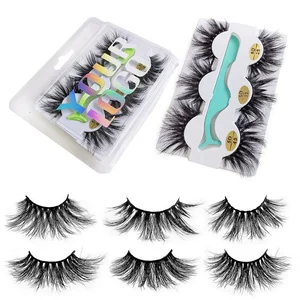 Private Label Ready To Ship Multi Pack 3 Pairs Full Strip Mink Eyelashes Kit 5D 25mm Eye Lashes With False eyelash  Applicator