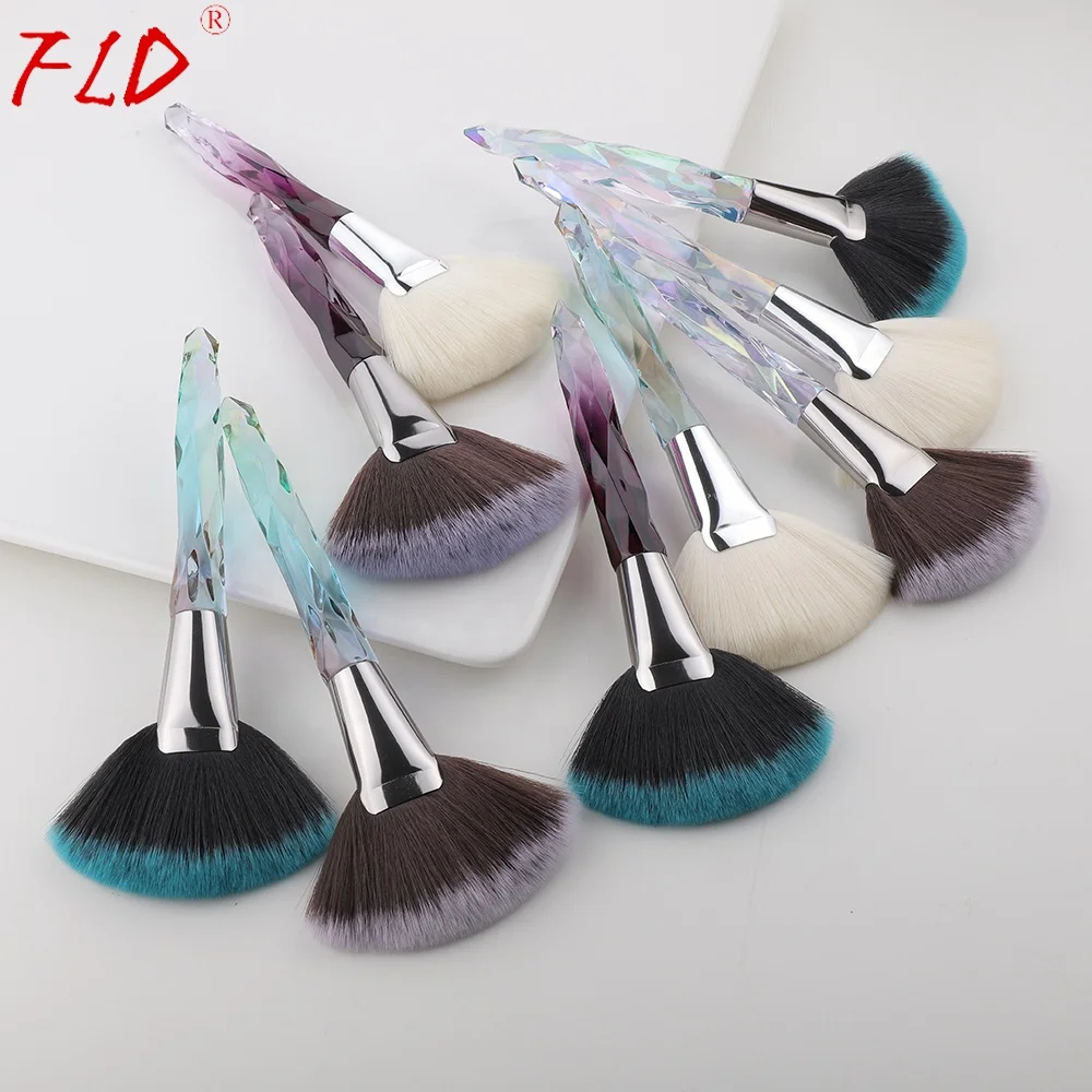 

FLD custom logo fan face makeup brush professional blush powder foundation brush crystal private label cosmetic tools kit